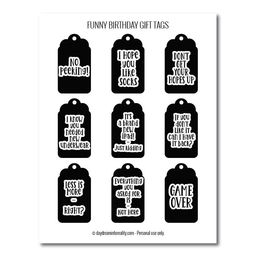 Funny birthday gift tags free printables black and white