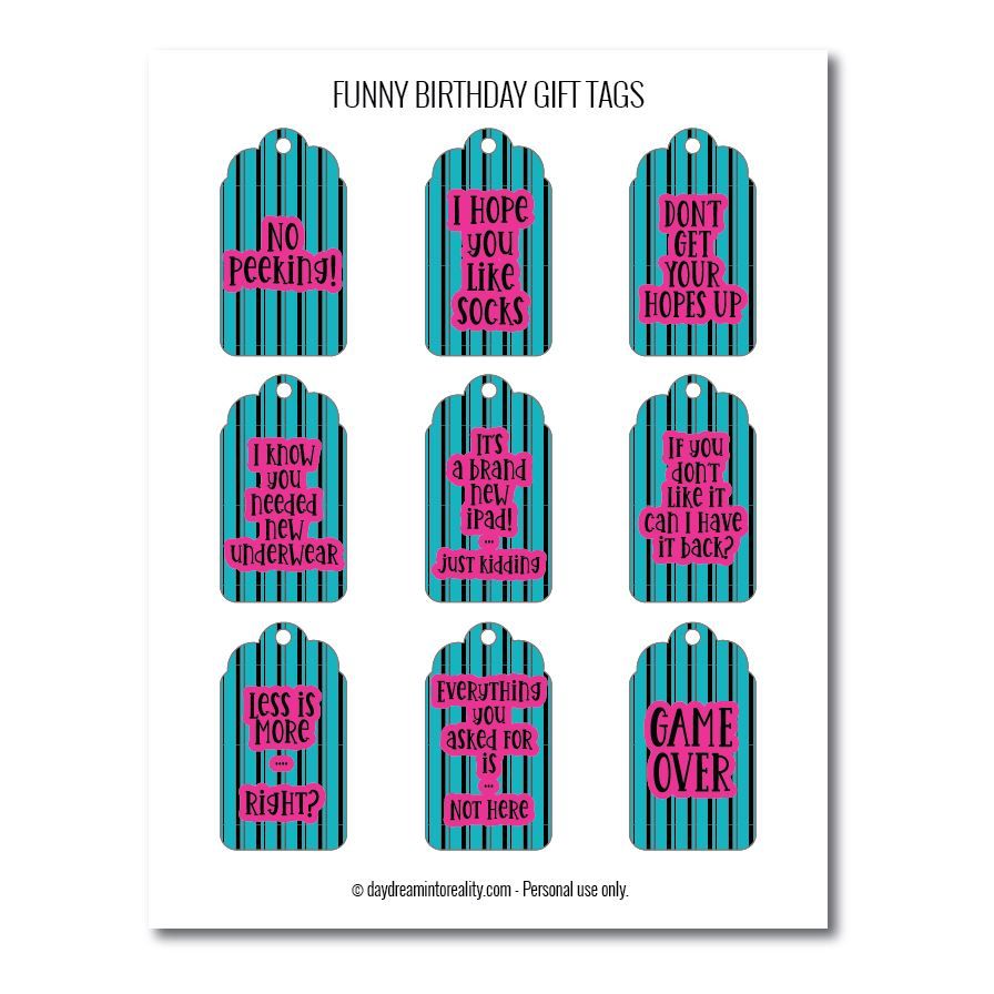 Funny birthday gift tags free printables teal and pink