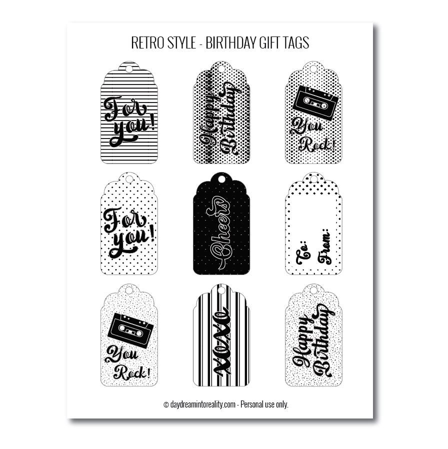 Retro-style birthday gift tags free printables black and white
