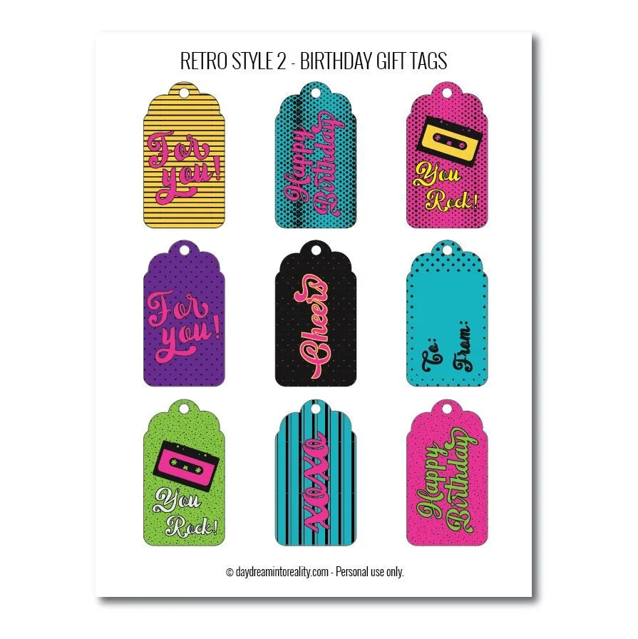 Retro-style birthday gift tags free printables bright colors