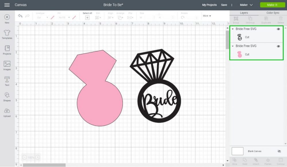 design of a wedding ring in Cricut Design Space