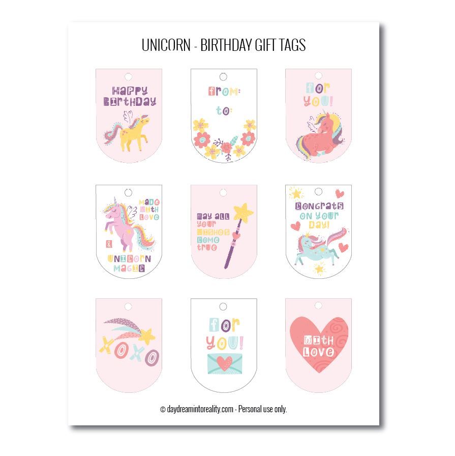 Unicorn birthday gift tags free printables 