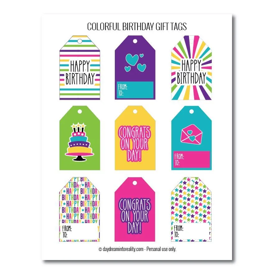 Bright birthday gift tags free printables 