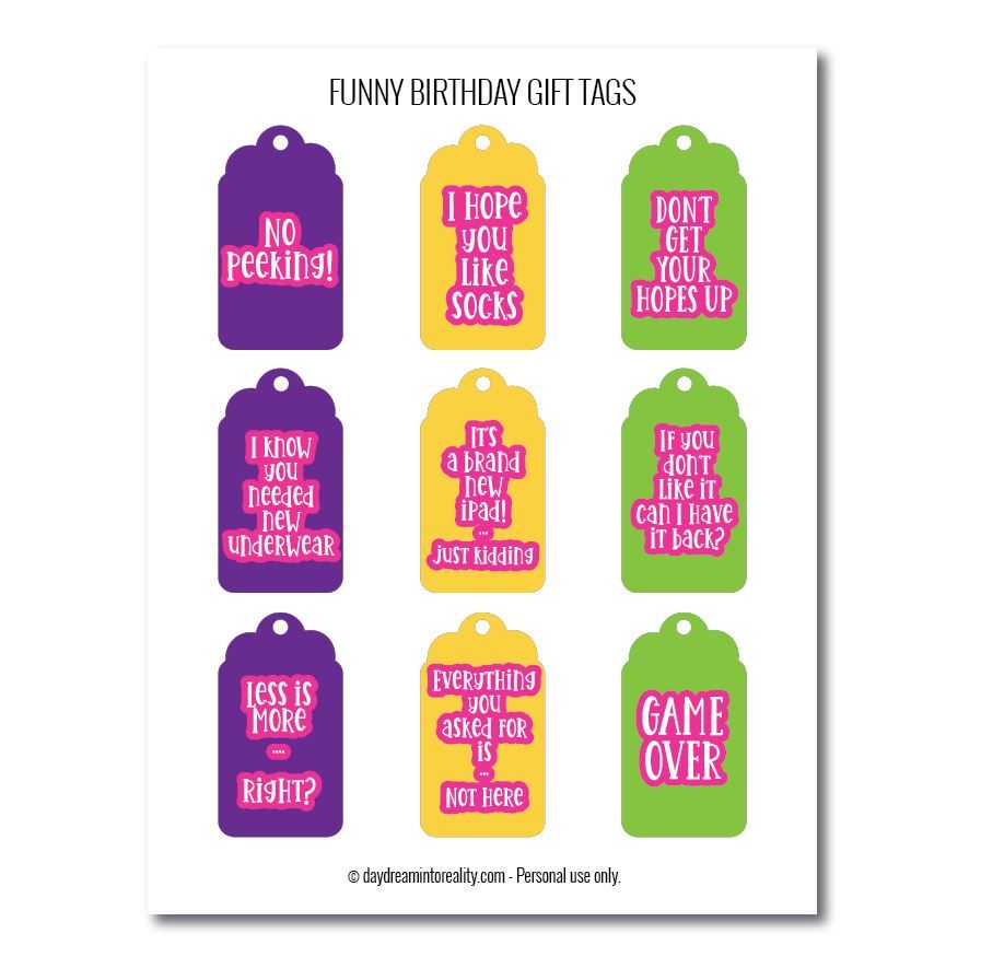 Funny birthday gift tags free printables different colors