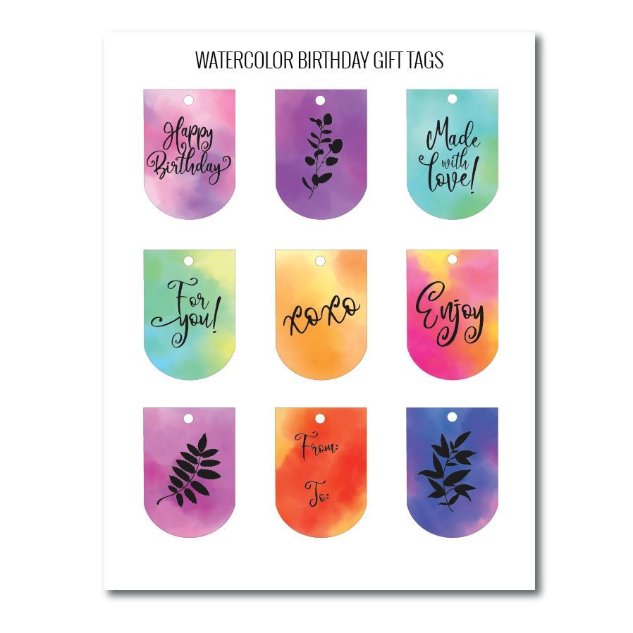 Watercolor birthday gift tags free printables 