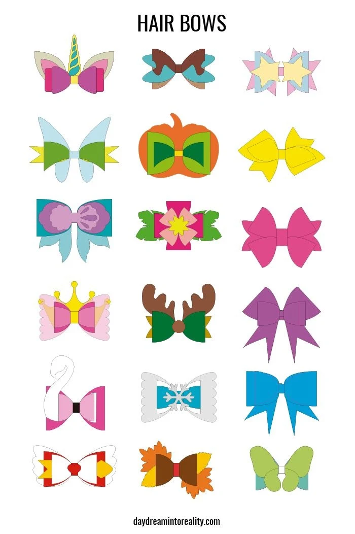 different hair bows, how they look when assembled.