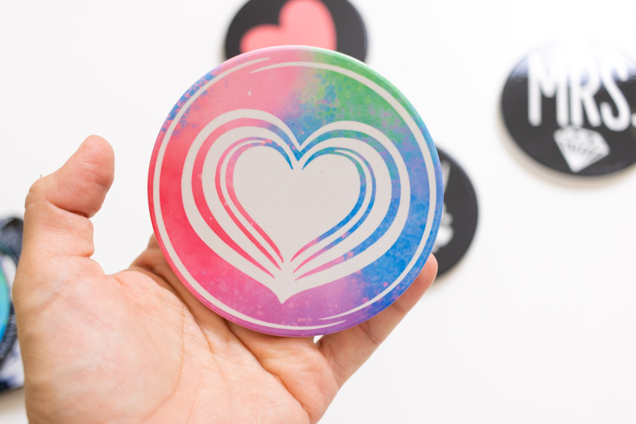 heart and colorful ceramic coaster made with infusible ink
