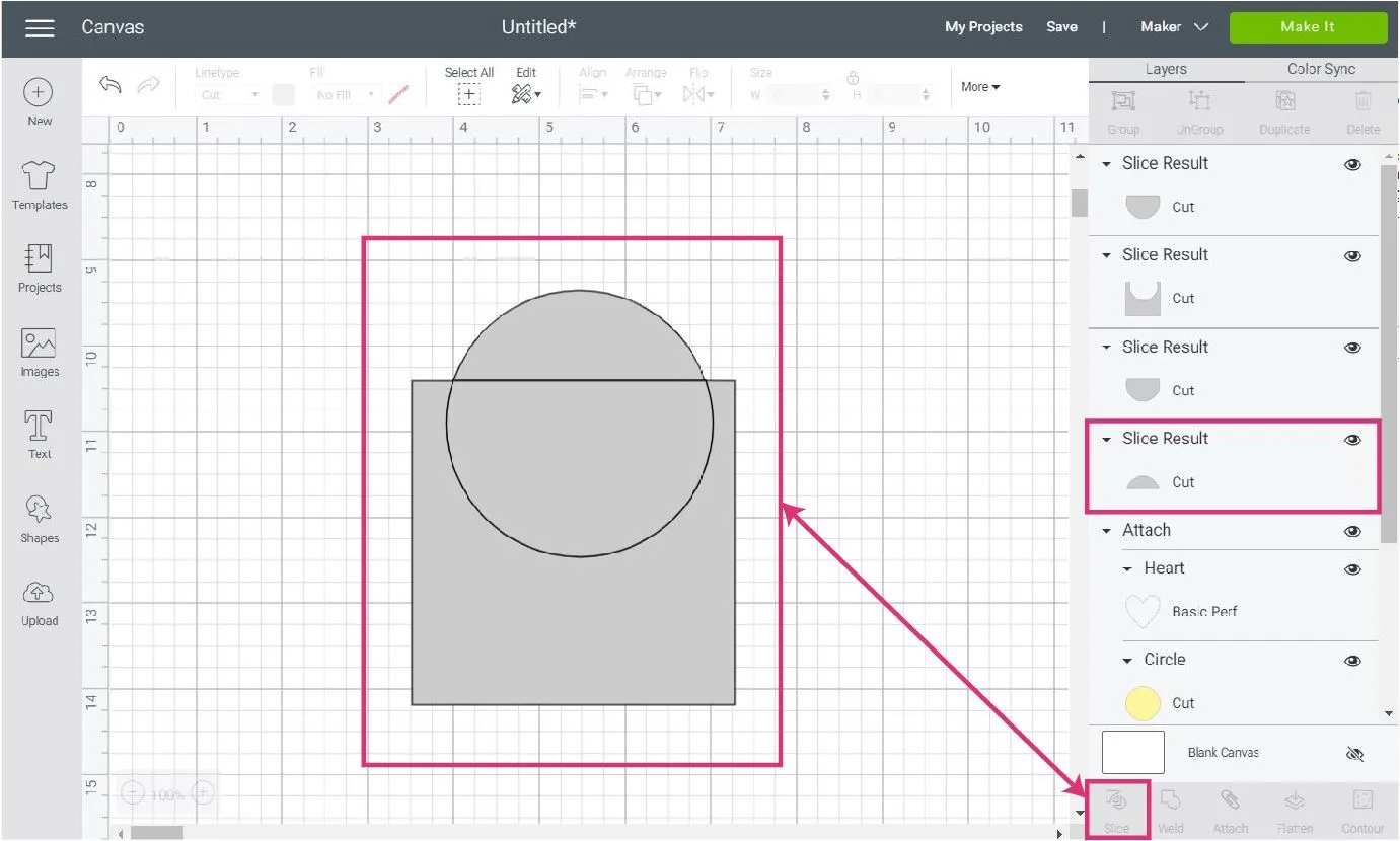 slicing circle and square in Cricut Design Space