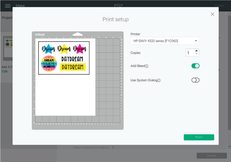 Print Setup Screenshot  from Cricut Design Space