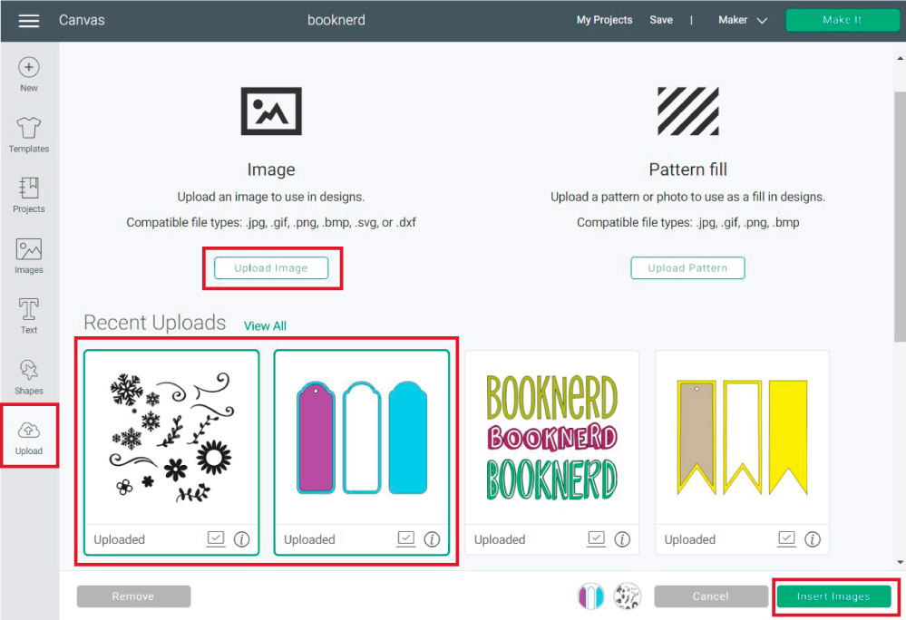 Uploading bookmark templates to Cricut Design Space