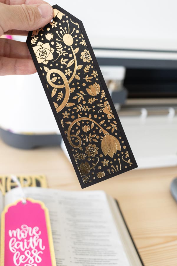 Black and gold bookmark made with Cricut