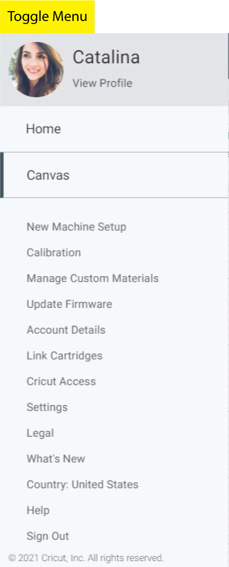 toggle menu cricut design space