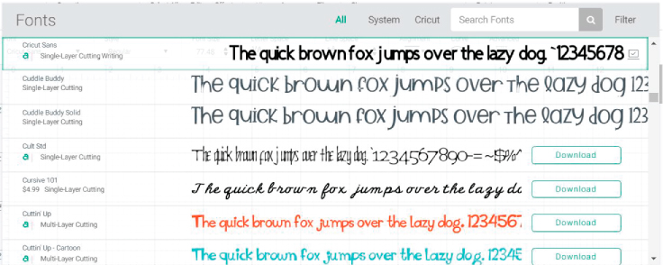 "Font" window in Cricut Design Space