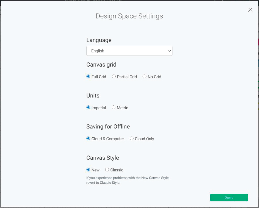 cricut design space settings