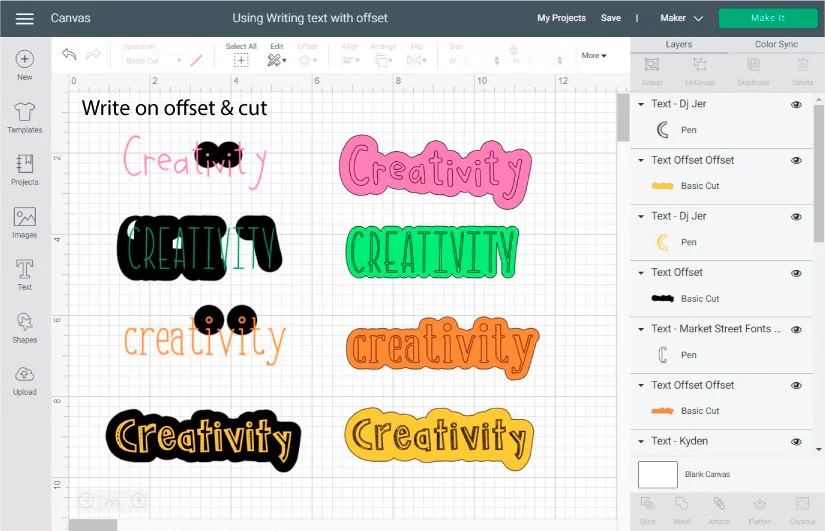 using offset tool for writing text in cricut design space.
