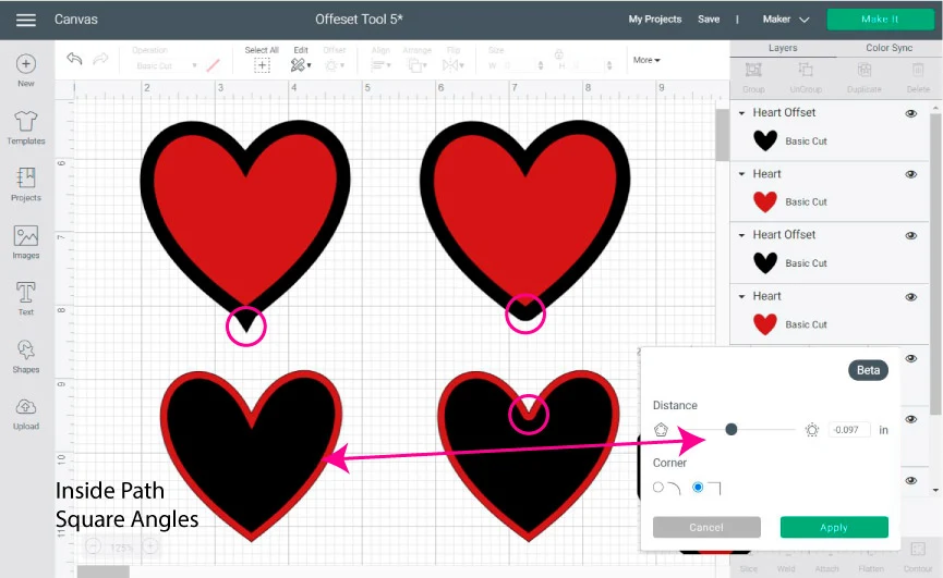 making outlines and shadows for hearts with the offset tool in Cricut Design Space.