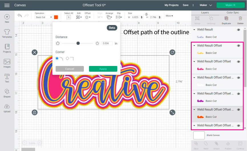 make multiple outlines in cricut design space with the offset tool.