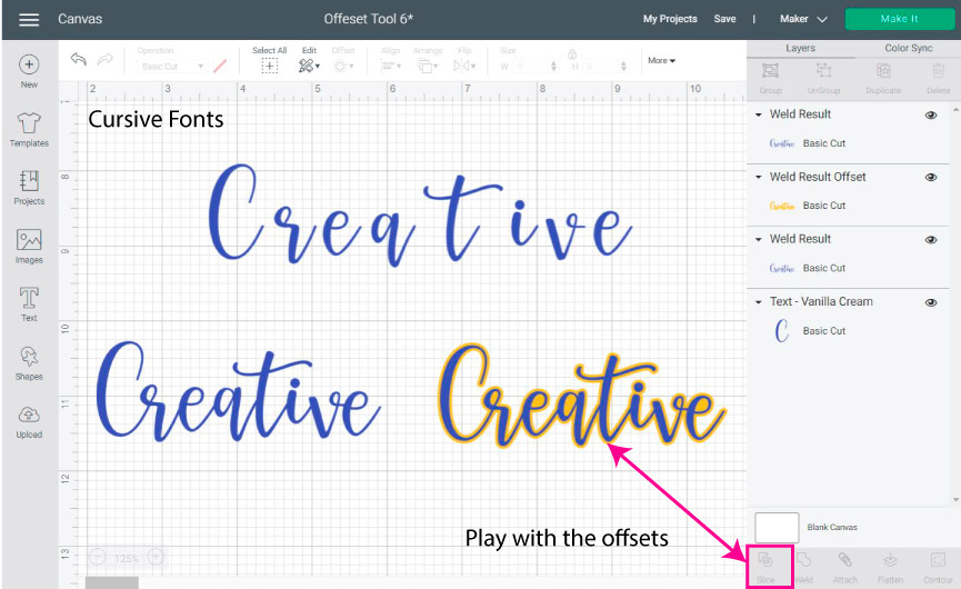 using offset with cursive fonts in Cricut Design Space
