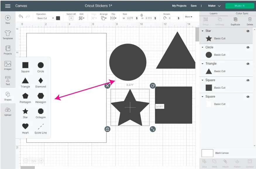 Cricut Design Space Screenshot:  Add the shapes you want to use for making the stickers.