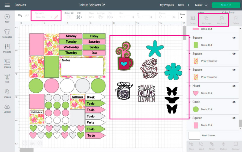 Cricut Design Space Screenshot: images selected to add to your stickers.