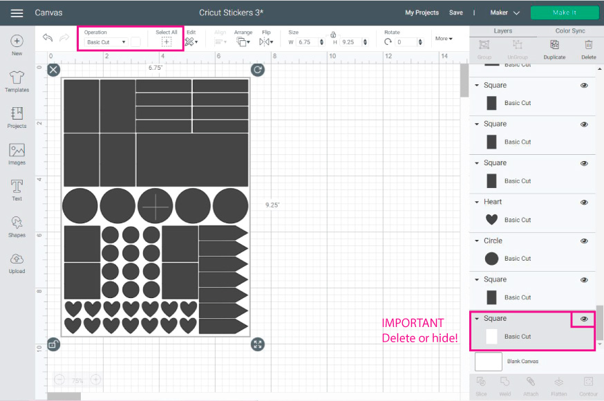 Cricut Design Space Screenshot:  Complete sticker page with all of the shapes and delete guideline