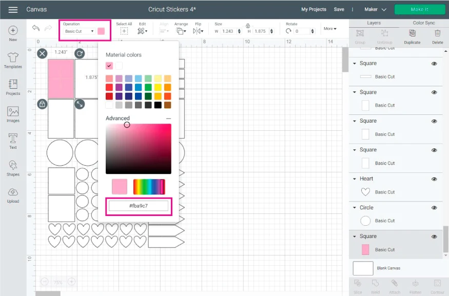 Cricut Design Space Screenshot:  add colors to your stickers