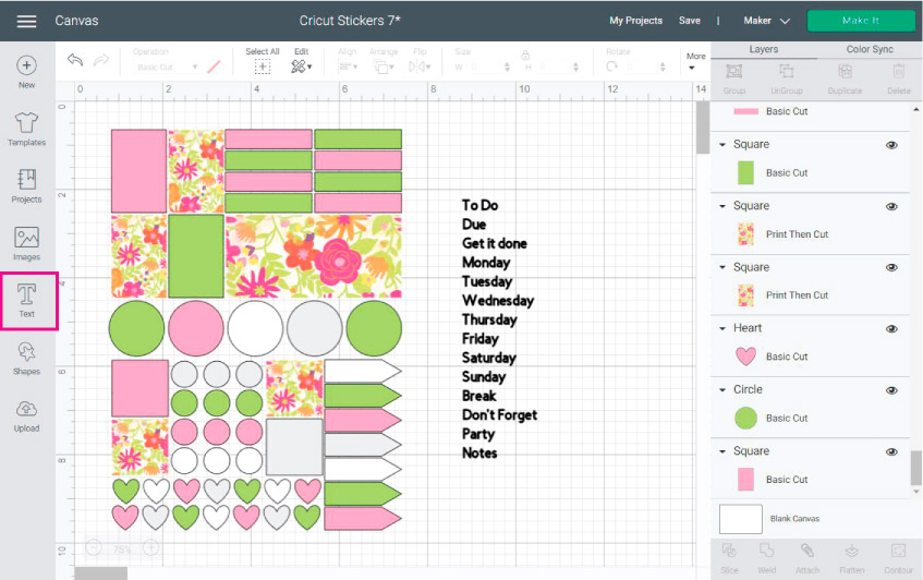 Cricut Design Space Screenshot:  add text to your stickers