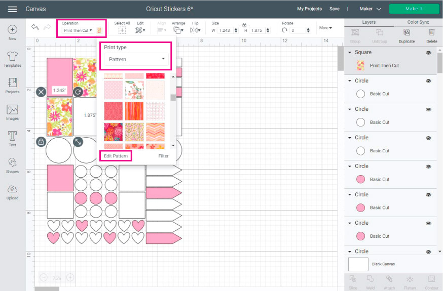Cricut Design Space Screenshot: add patterns to your stickers