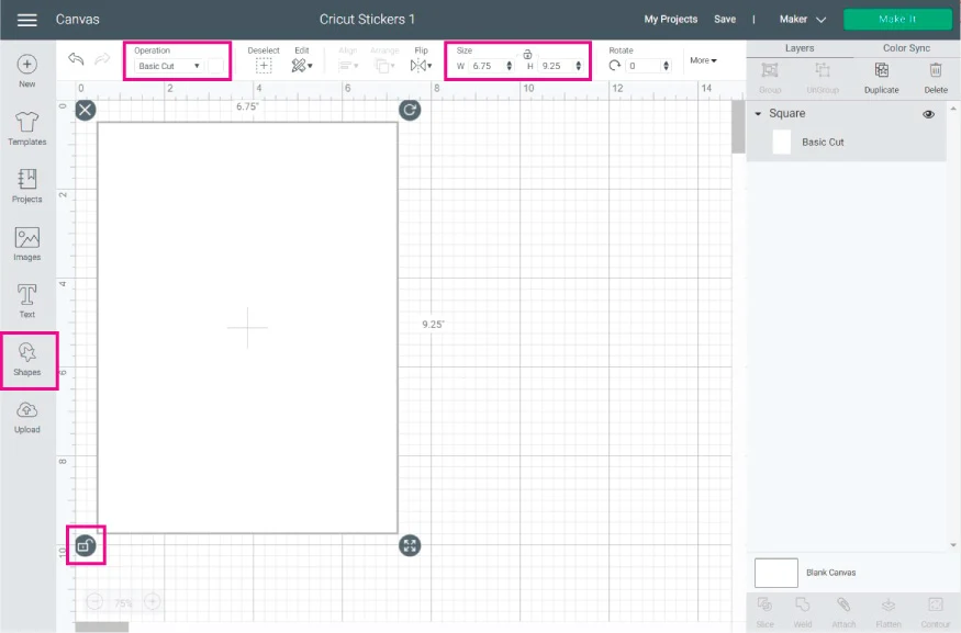 Cricut Design Space Screenshot: Add a rectangle to create a guideline for your sticker sheet