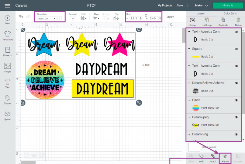 Flatten all elements you want to cut on Cricut Design Space before Printing and Cutting.