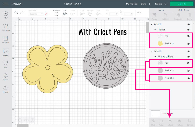 Screenshot Design Space: Using Cricut Pens with multi layer images. More examples.