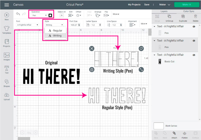 Screenshot Design Space: Use Cricut pens with writing or outlined fonts.