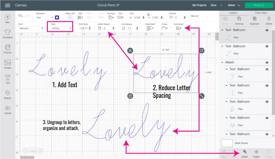Screenshot Design Space: Fixing cursive fonts to use with Cricut Pens.