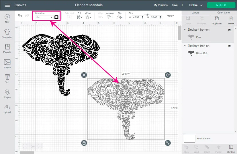 Screenshot Design Space: use cricut pens in a single layer image