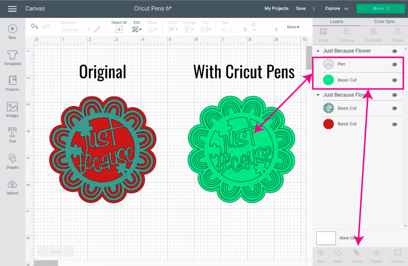 Screenshot Design Space: using Cricut Pens in multi-layer image.