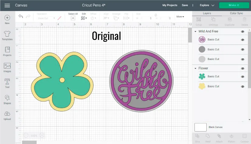 Screenshot Design Space: Using Cricut Pens with multi layer images. More examples.