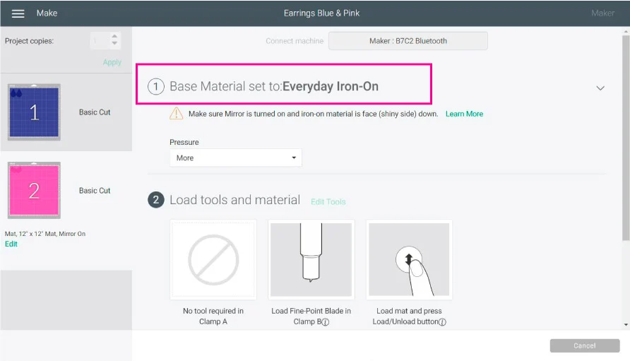settings for cutting iron-on in cricut design space.
