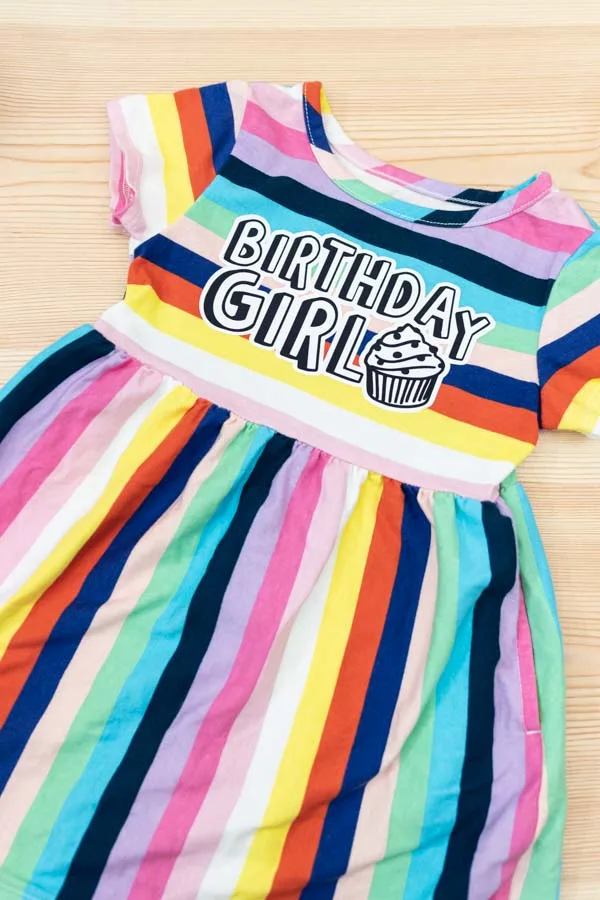 birthday girl iron-on design on rainbow dress