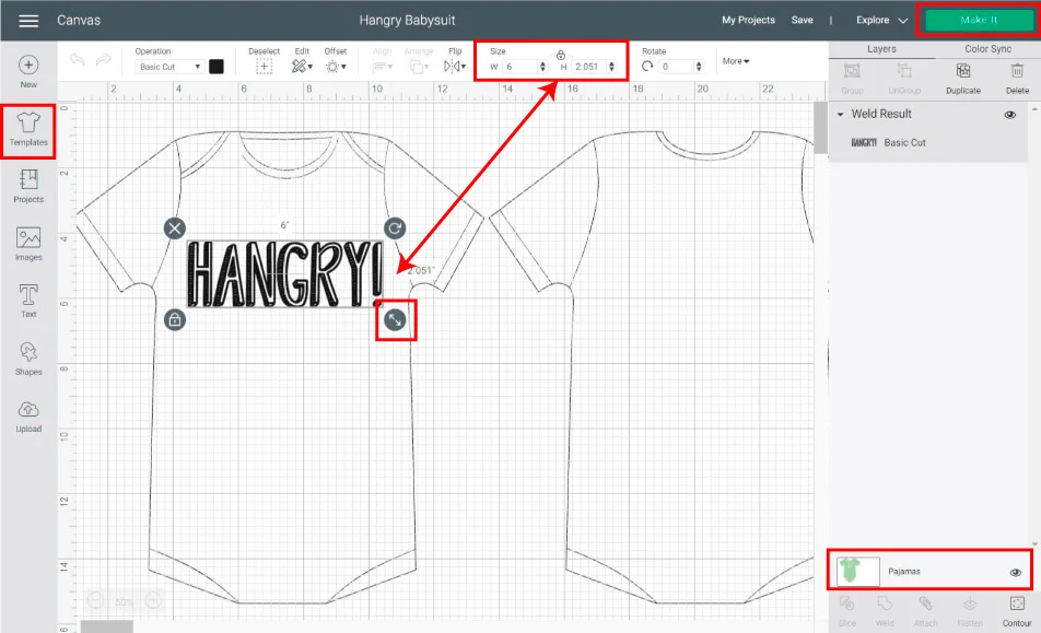 using templates to resize design for onesie in cricut design space.