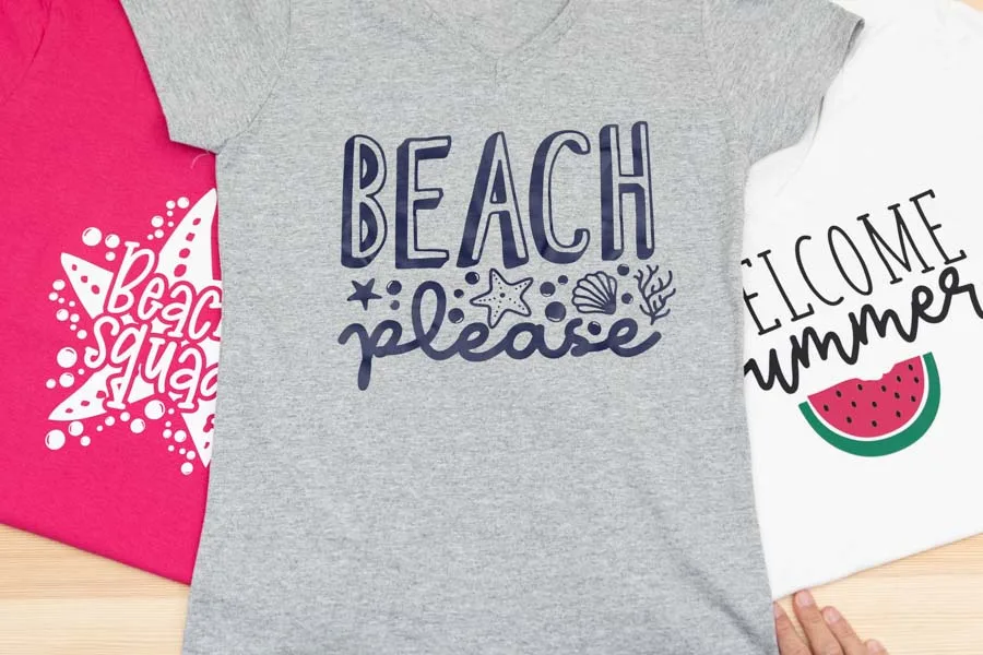 beach squad, beach please, and welcome summer t-shirts made with cricut