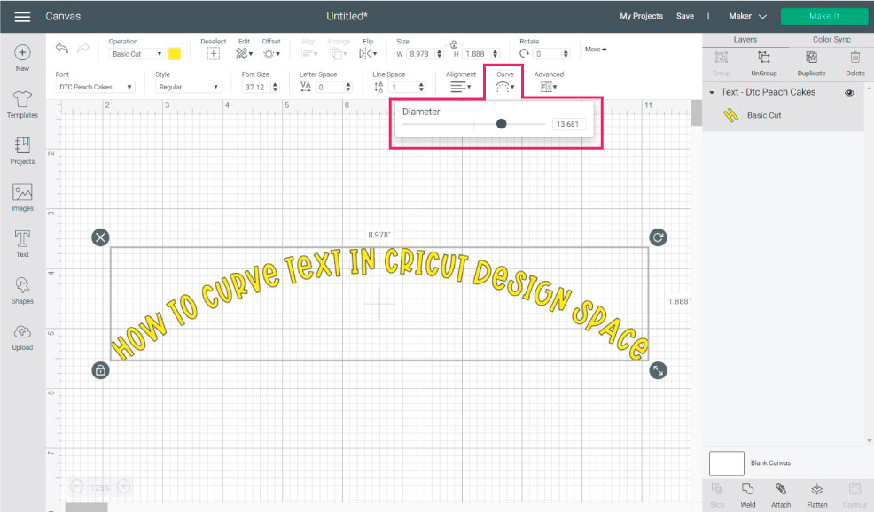 curving text in cricut design space with the curve tool.