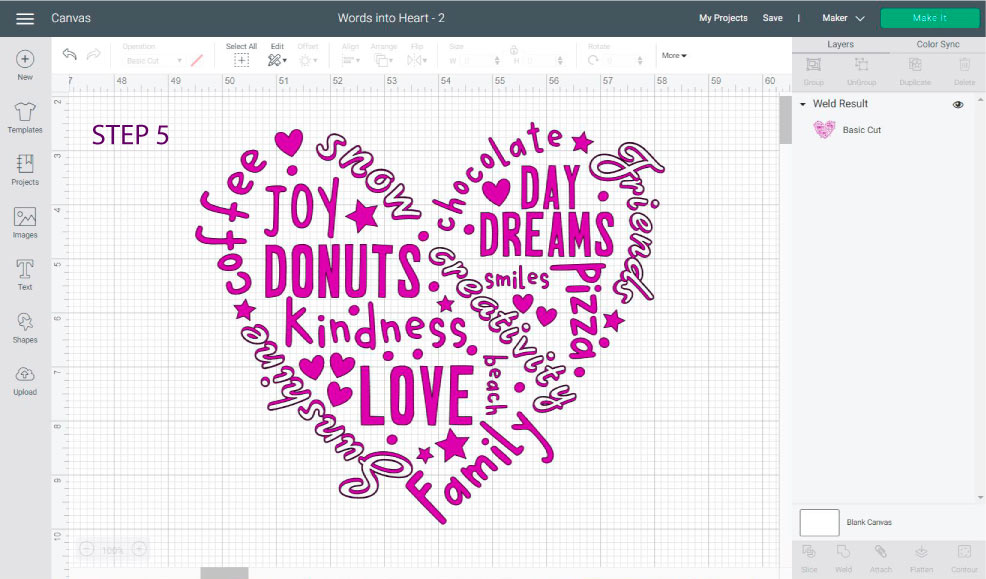 heart shaped design filled with meaningful words in Cricut Design Space.