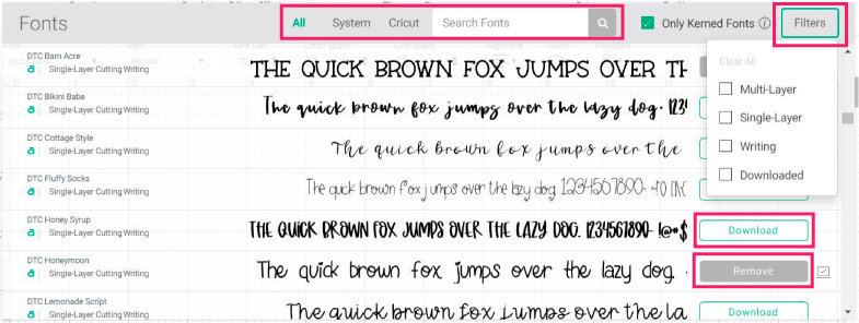 filtering fonts in cricut design space.