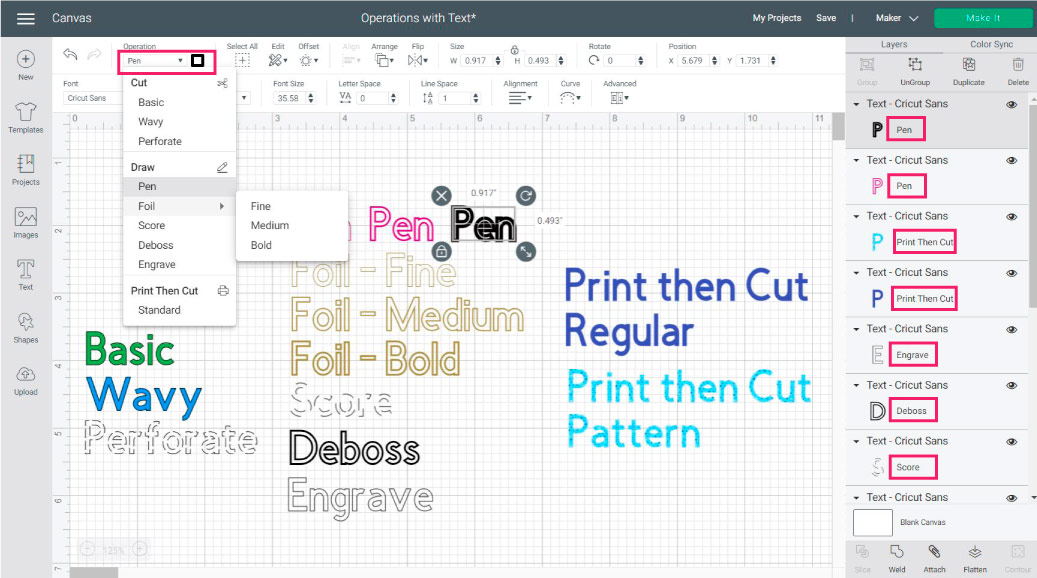 Using all operations in cricut design space with text.