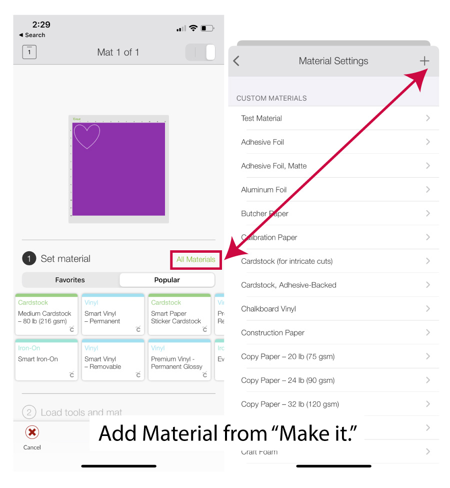 add a material from "make it" on cricut's app