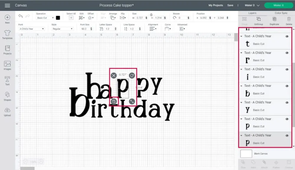 organizing letters on cake toper in design space