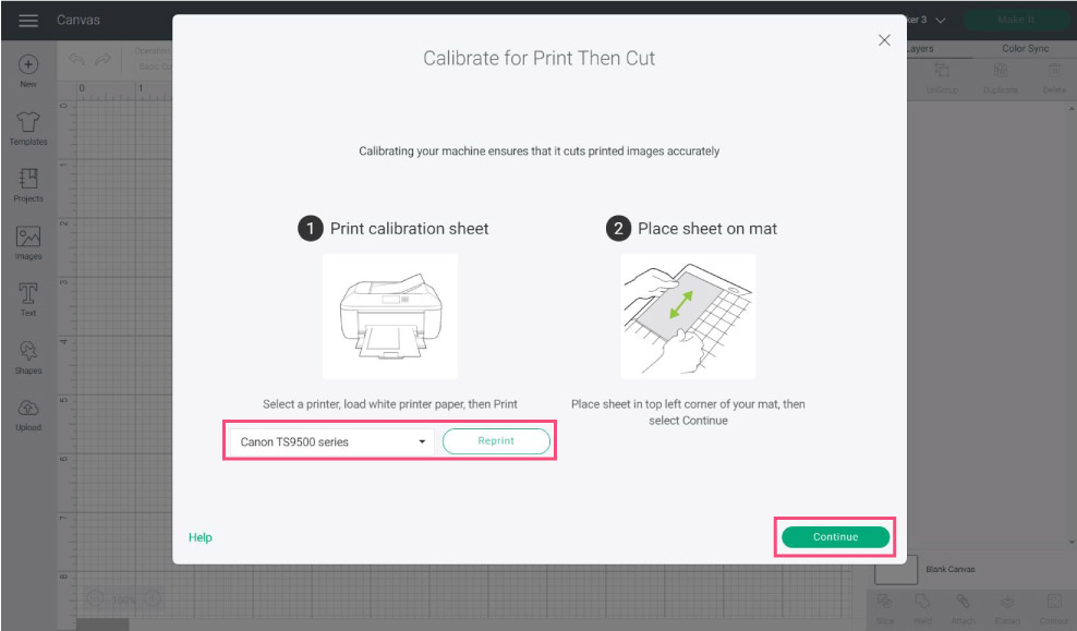 reprint calibration sheet prompt in Cricut Design Space