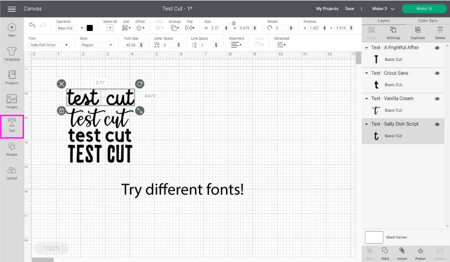 test cut for fonts in cricut design space