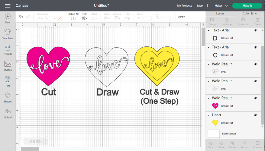 Screenshot showing how to Cut, Draw and Cut & Draw in one step in Cricut Design Space
