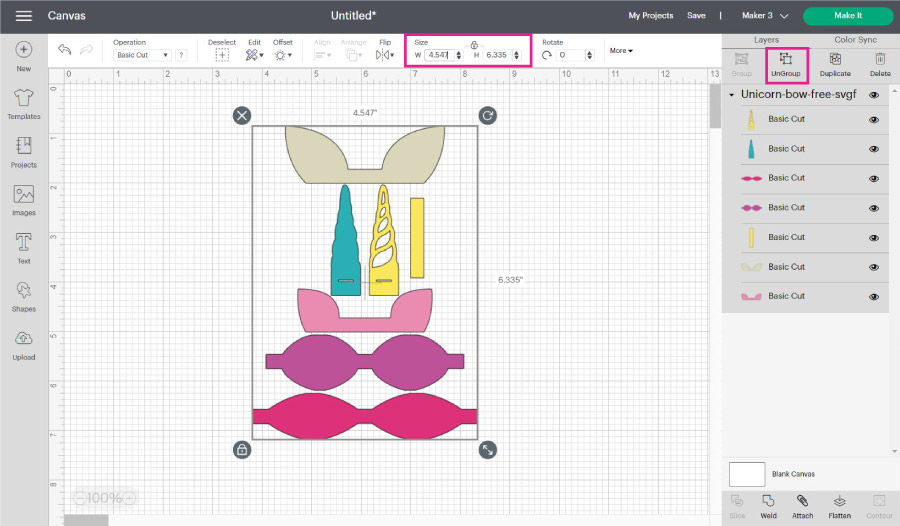 resizing hair bow in Cricut Design Space